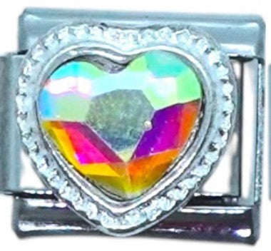 Iridescent Heart Gem with Rhinestone Border Italian Charm