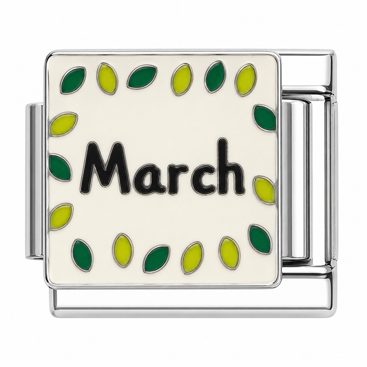 March with Green Leaf Border Silver Italian Charm