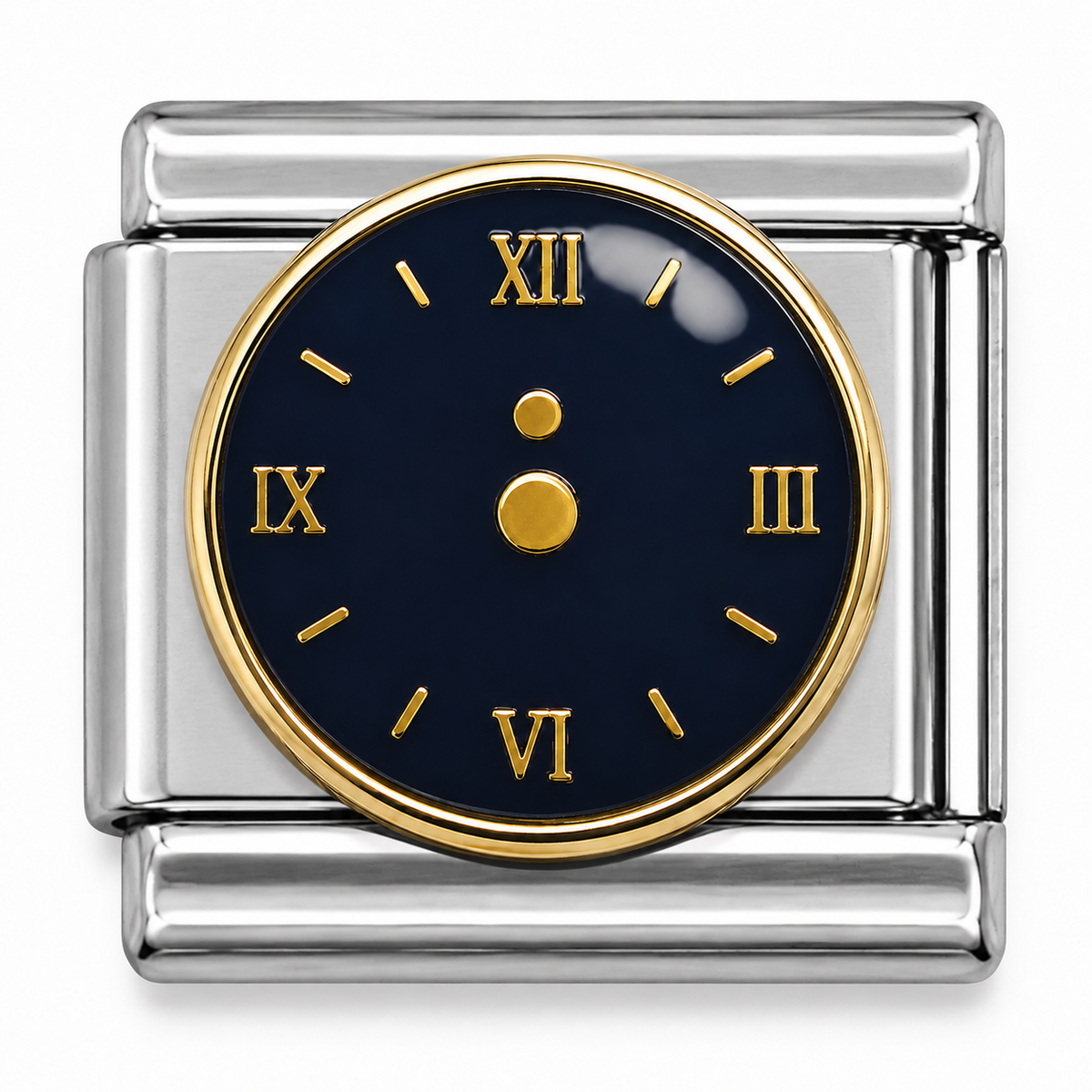 Navy Blue Roman Numeral Clock Face Two-Tone Silver Italian Charm