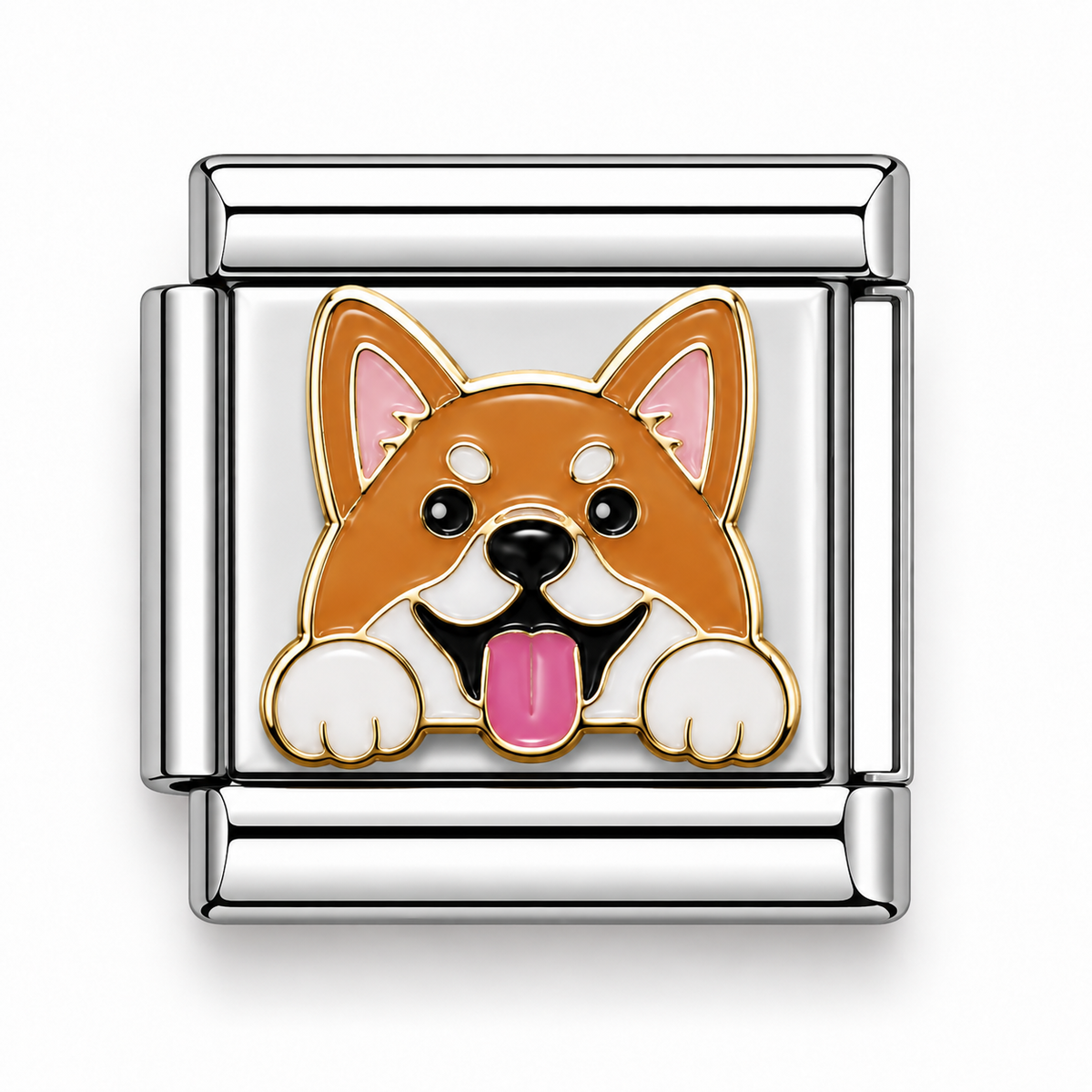 Orange and White Corgi Dog Face Two-Tone Silver Italian Charm
