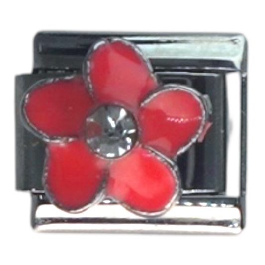 Red Flower with Gem Silver Italian Charm