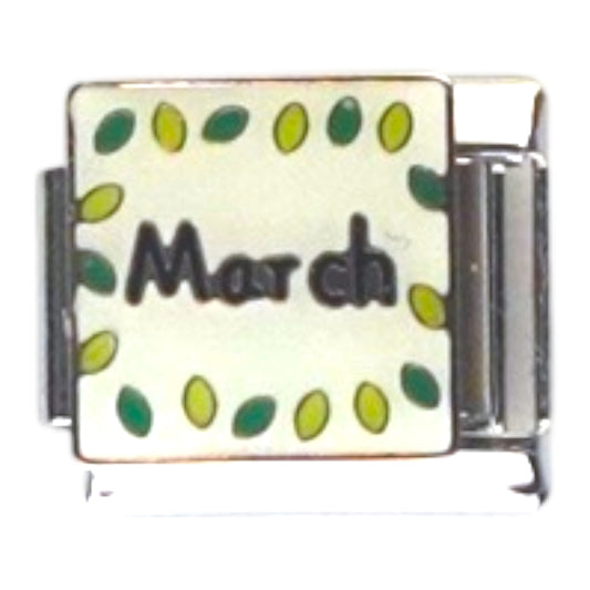March with Green Leaf Border Silver Italian Charm