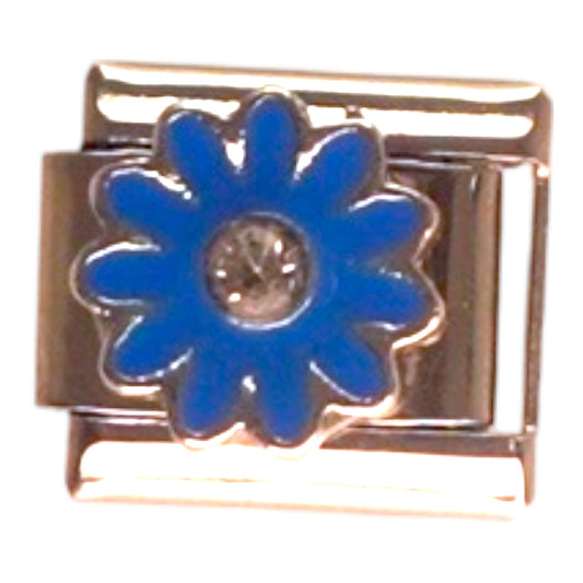 Blue Daisy with Crystal Center Silver Italian Charm