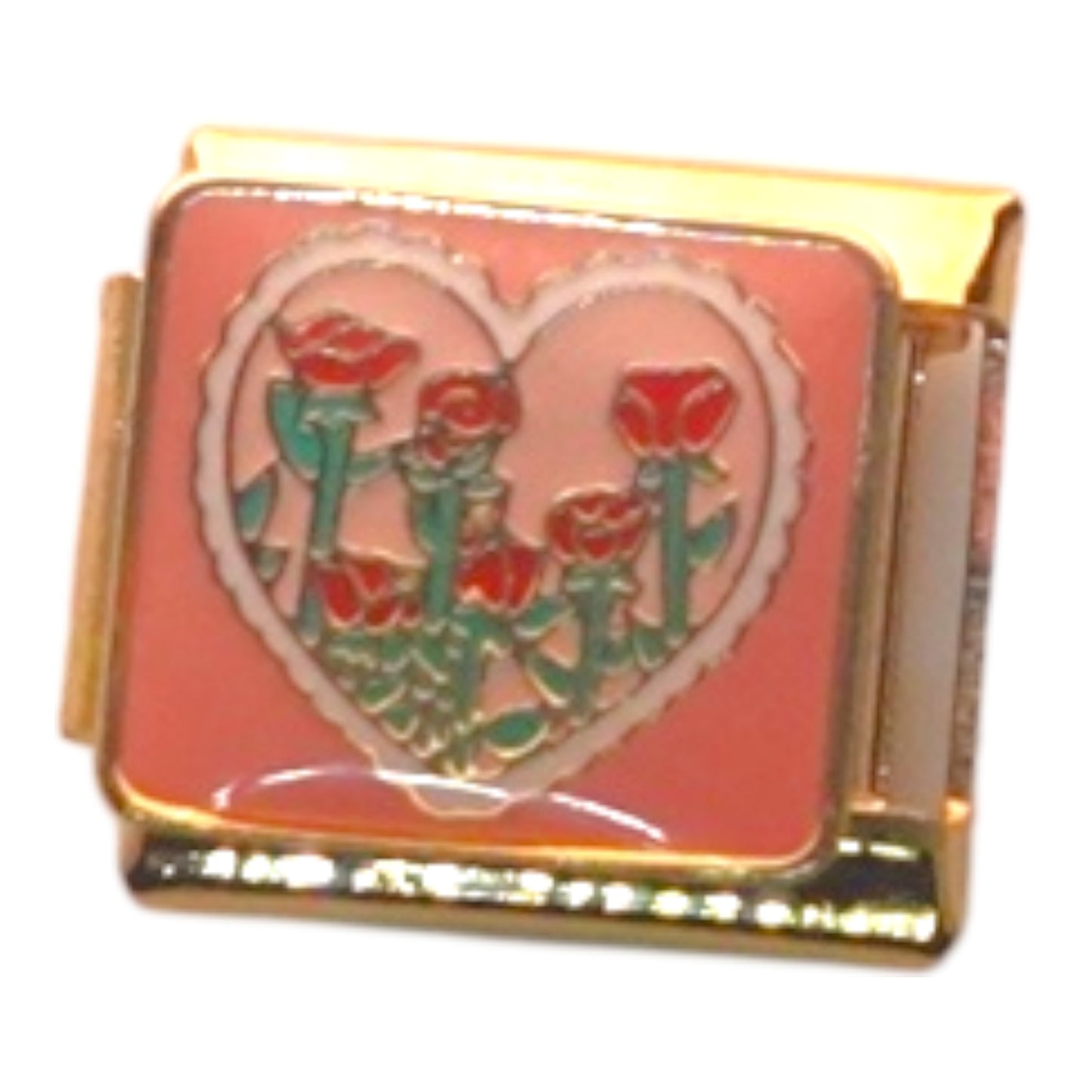 Pink Heart with Roses Gold Italian Charm