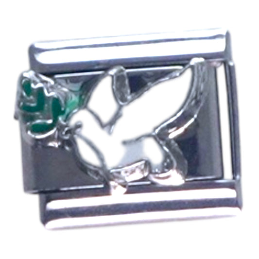 Dove with Green Leaf Silver Italian Charm