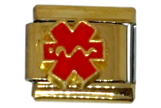 Red Medical Alert Cross Gold Italian Charm