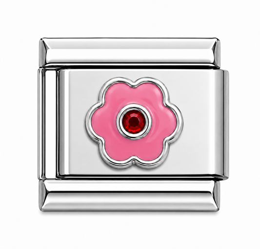Pink Flower Italian Charm with Red Center