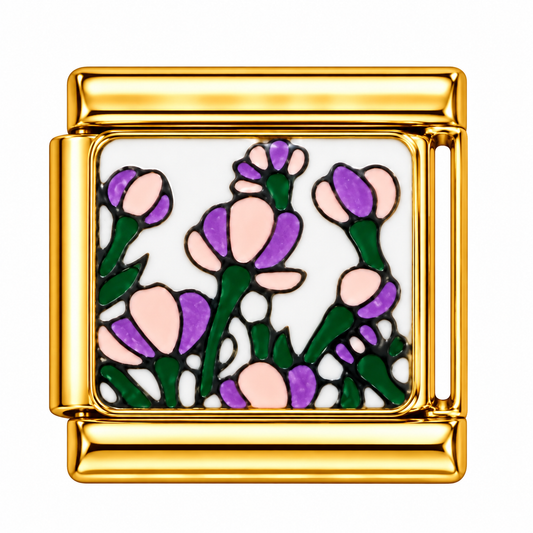 Purple Flower Bouquet on White Background Gold Italian Charm