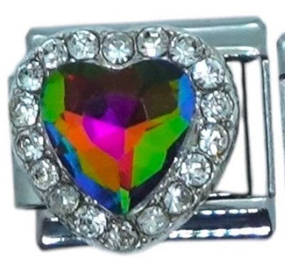 Rainbow Heart Gem with Rhinestone Border Italian Charm