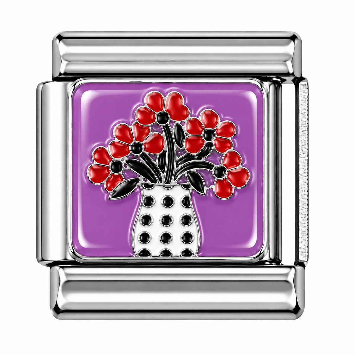 Red Flower Bouquet in Polka Dot Vase Silver Italian Charm