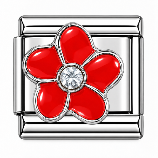 Red Flower Italian Charm with Rhinestone Center