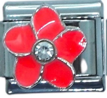 Red Flower Italian Charm with Rhinestone Center
