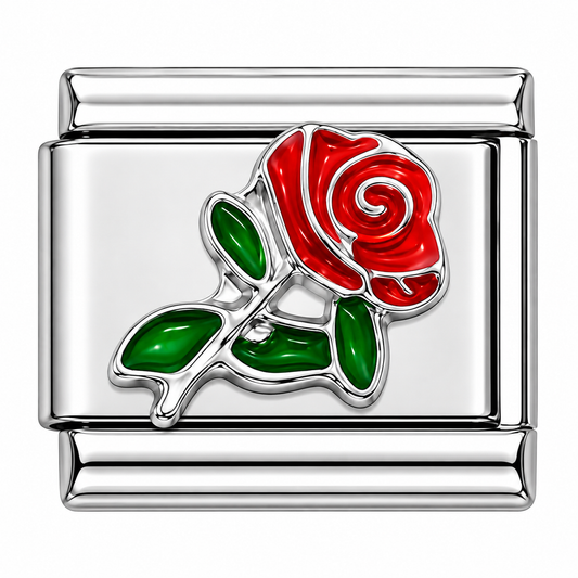 Red Rose with Green Leaves Italian Charm