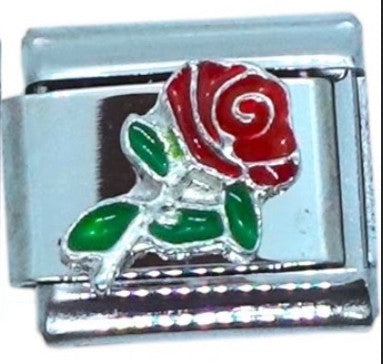 Red Rose with Green Leaves Italian Charm