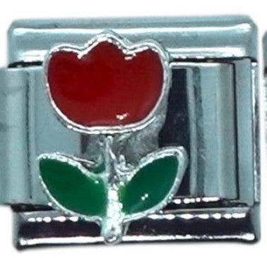 Red Tulip Silver Italian Charm