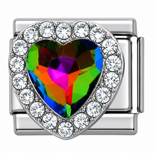 Rainbow Heart Gem with Rhinestone Border Italian Charm