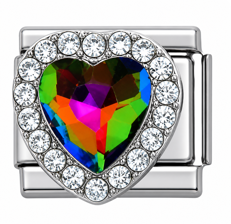 Rainbow Heart Gem with Rhinestone Border Italian Charm
