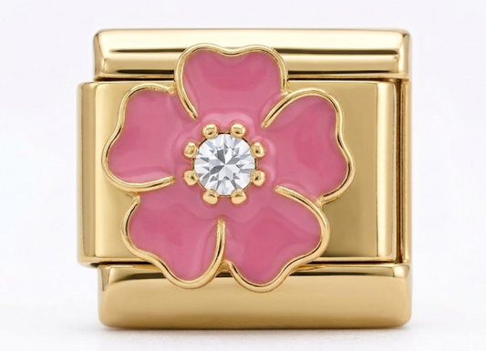 Pink Raised Flower Gold Italian Charm