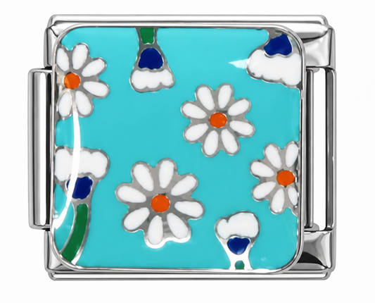 White Daisy Pattern Turquoise Silver Italian Charm