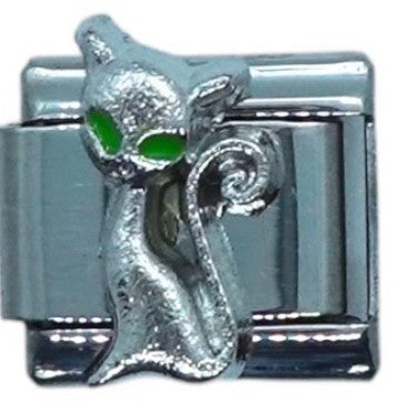 Silver Cat with Green Eyes Italian Charm