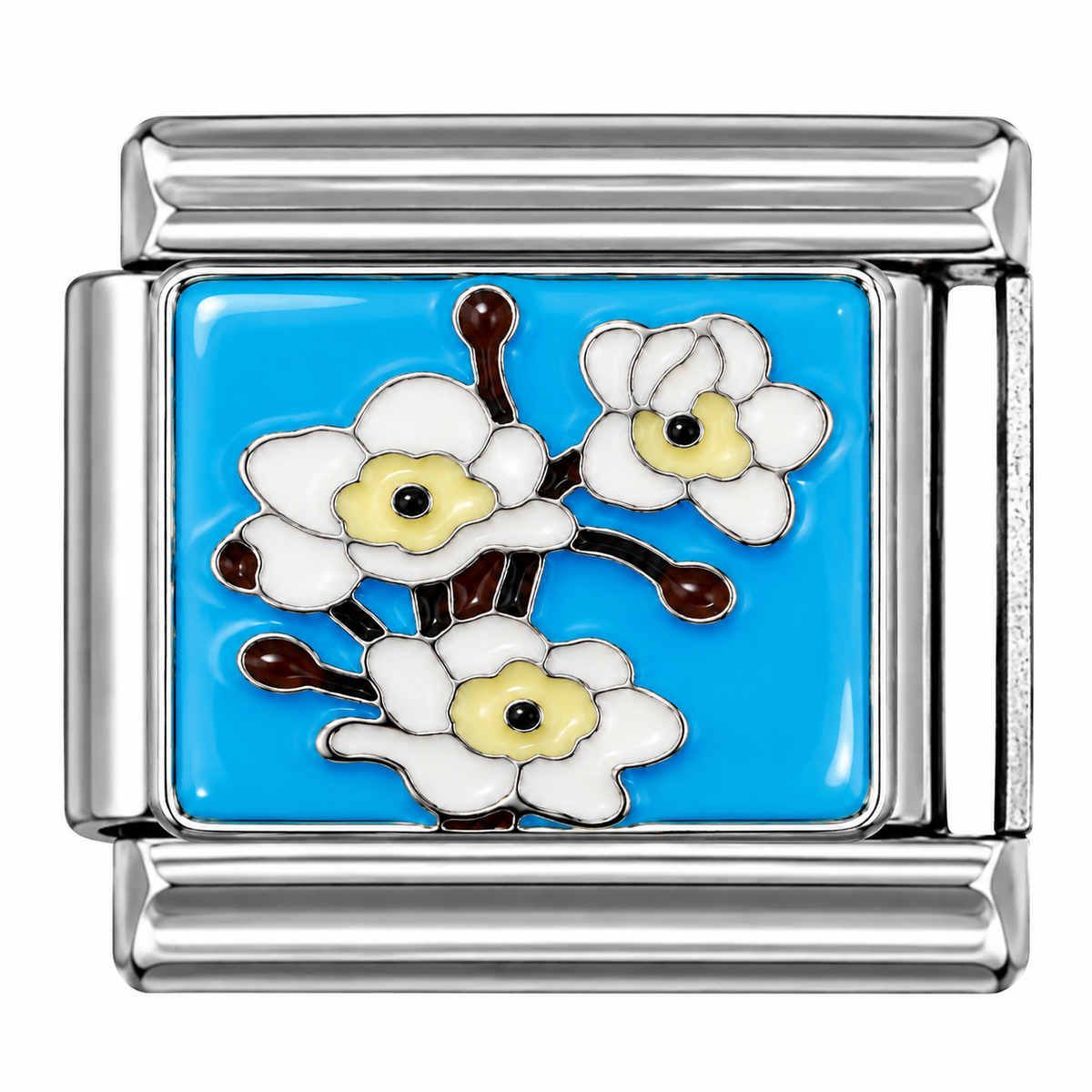White Cherry Blossom Blue Silver Italian Charm