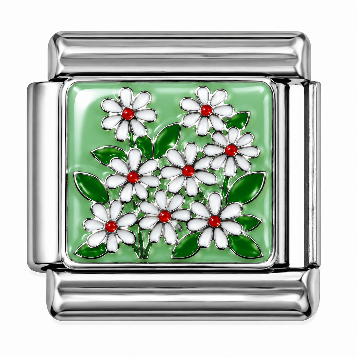 White Daisy Bouquet Mint Green Silver Italian Charm