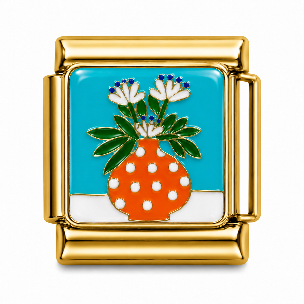White Flower Polka Dot Vase Gold Italian Charm