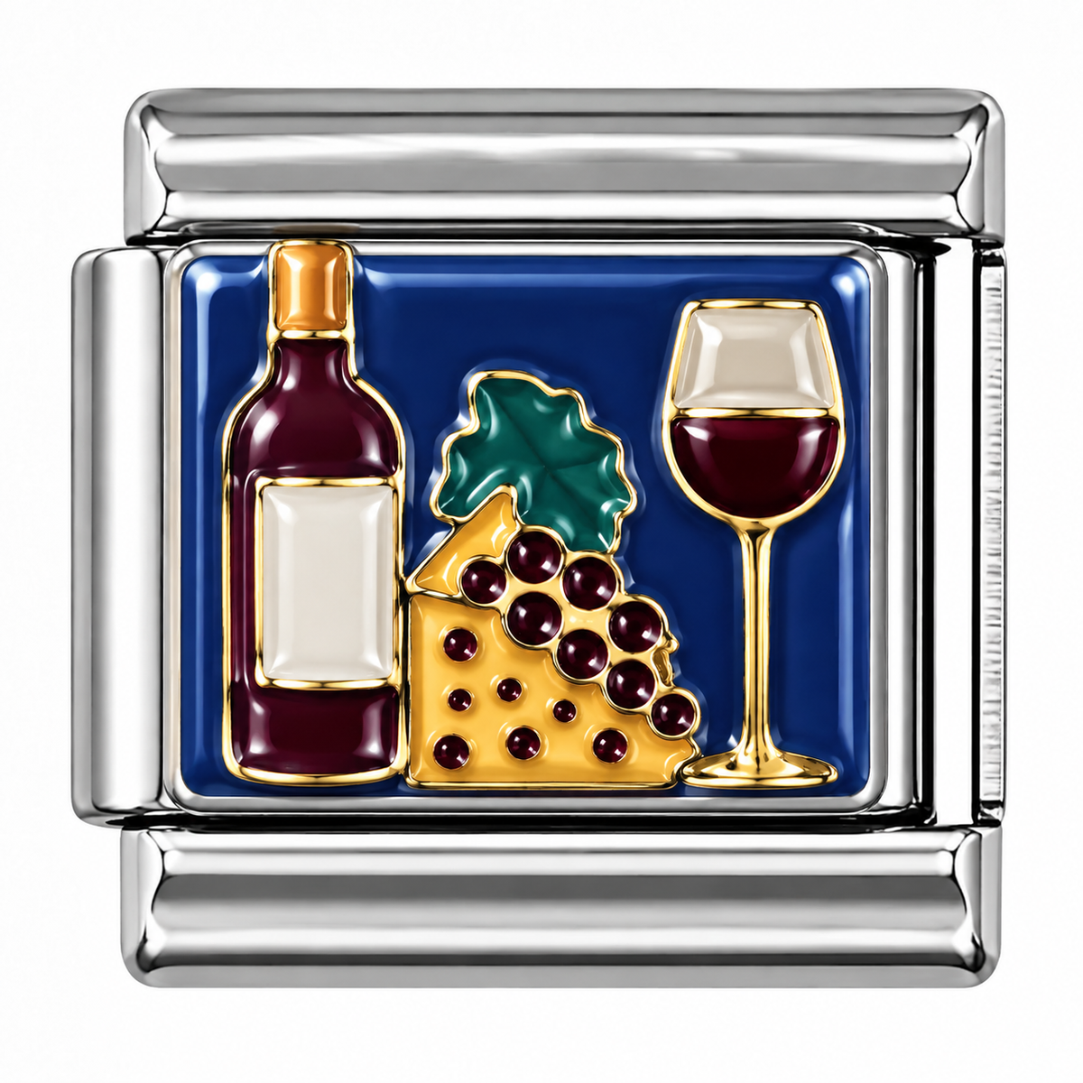 Wine, Cheese and Grapes Two-Tone Silver Italian Charm