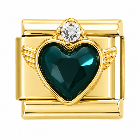 Winged Green Heart Gold Italian Charm