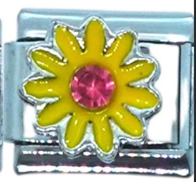 Yellow Flower with Pink Rhinestone Center Italian Charm