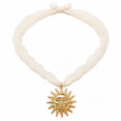 White Ribbon Sun Face Pendant Necklace