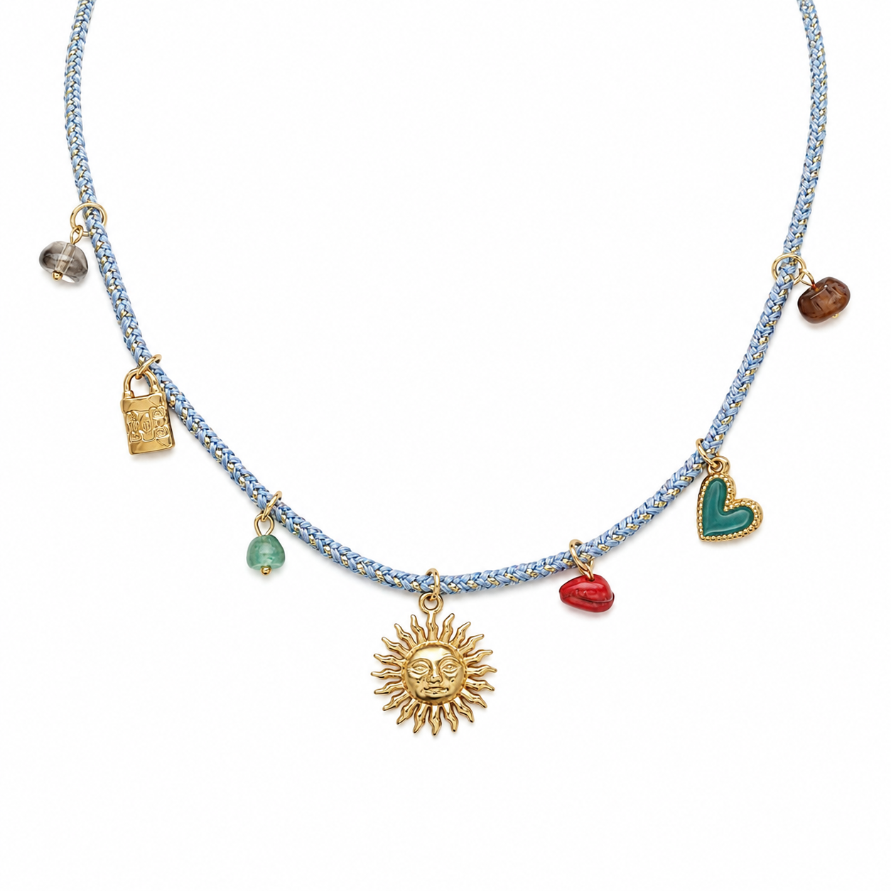 Blue Braided Sun & Heart Charm Necklace
