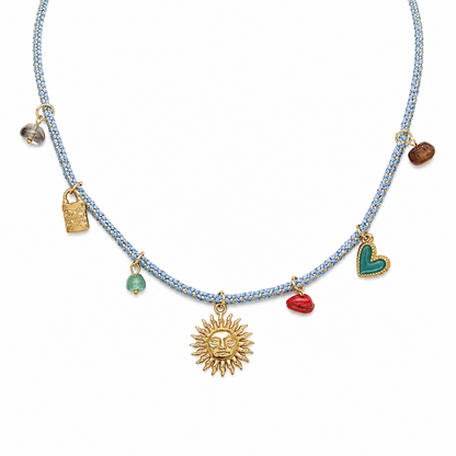 Blue Braided Sun & Heart Charm Necklace