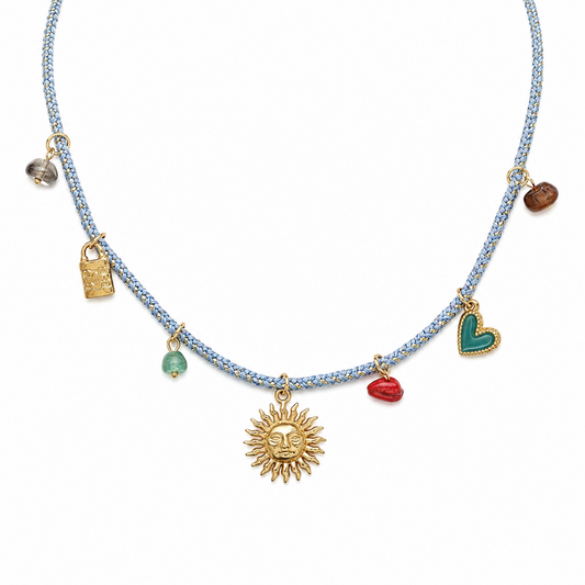 Blue Braided Sun & Heart Charm Necklace