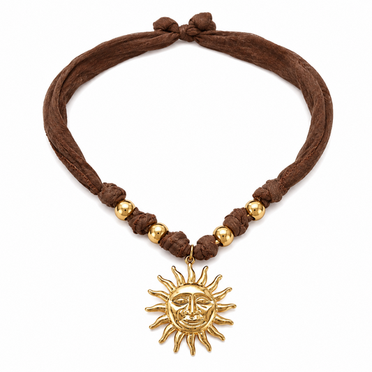 Brown Fabric Sun Pendant Necklace with Gold-Tone Beads