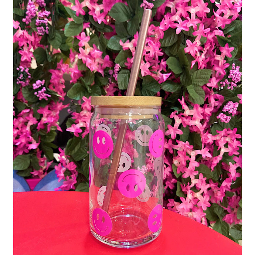 Hot Pink Happy Face Ice Coffee Cup