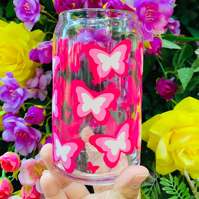 Neon Pink Butterfly Ice Coffee Cup