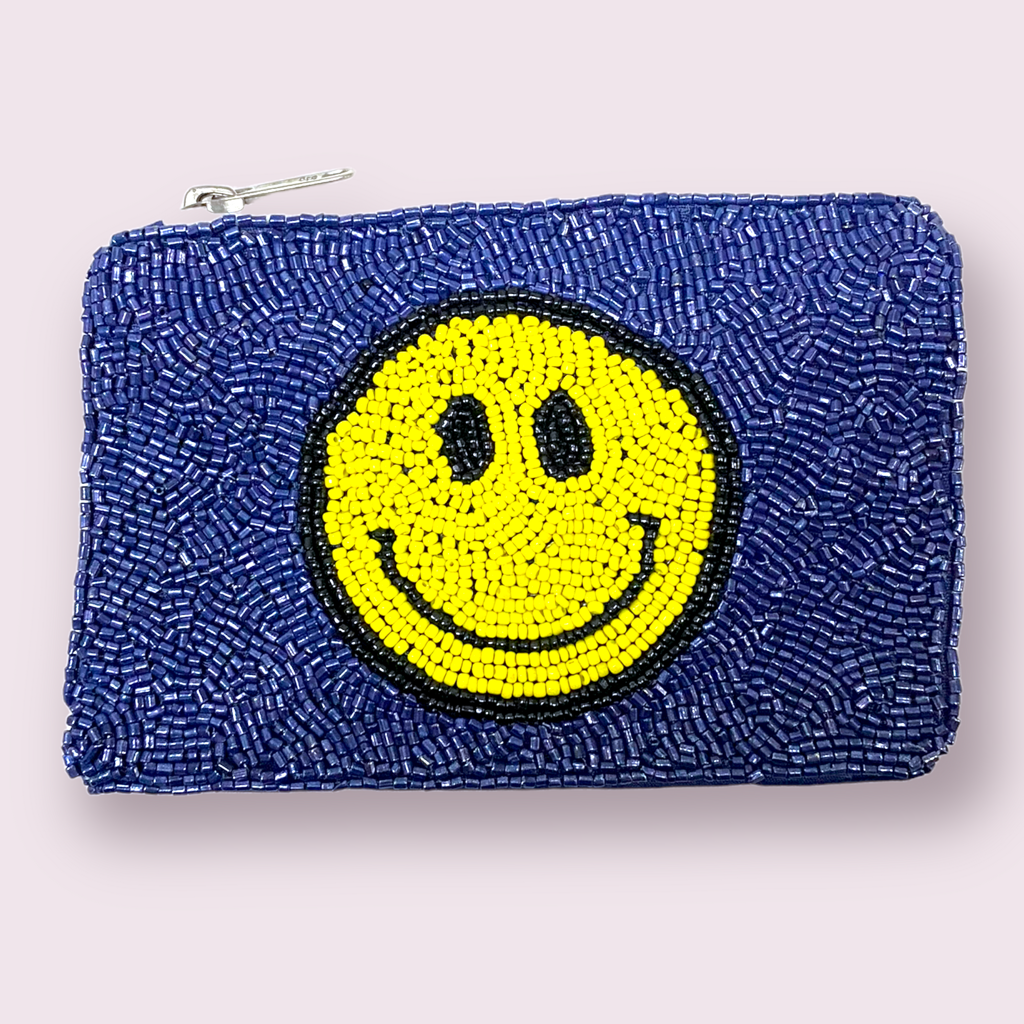 Happy Face Blue Seed Bead Coin Purse